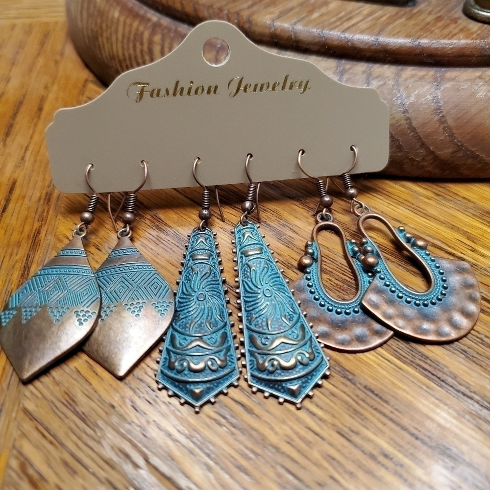 NWT Geometric Folk Charm Earrings 3 Pair in Ancient Copper and Blue
